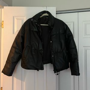 Black faux leather puffy jacket